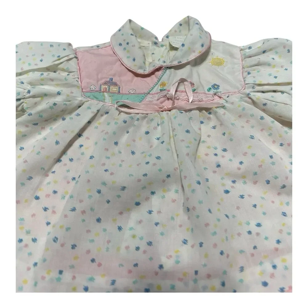 Vintage 2-piece Baby Outfit Top Pants 18 Months Girl Pink Appliqué House Flowers
